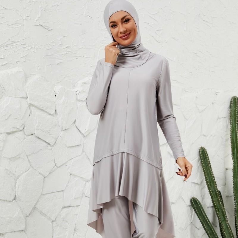 Women's 3-Piece Modest Burkini Swimsuit, Long Sleeve Ruffle Tunic & High Waist Pants with Hijab, Full Coverage Swimwear