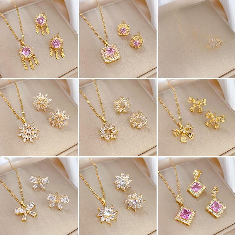 Luxury Shiny Zircon Flower Geometric Series Necklace Drop Earrings for Women Stainless Steel Chain Fashion Jewelry Set Gifts
