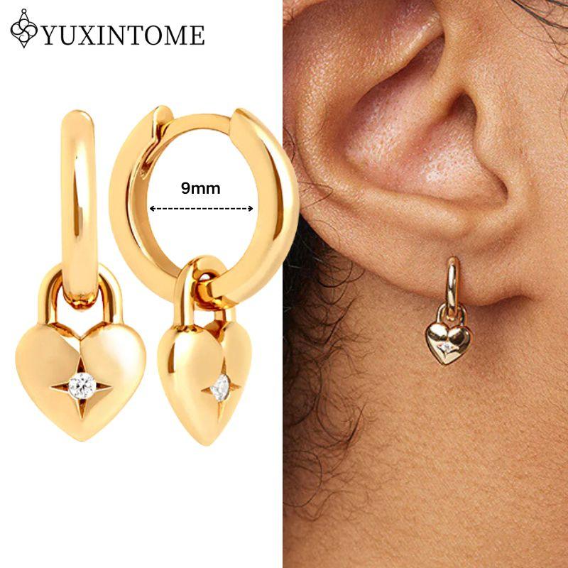 YUXINTOME 925 Silver Ear Needle Zircon Hoop gold Earrings For Women Square Plate Pendant Cutout Heart Earrings Fashion Jewelry