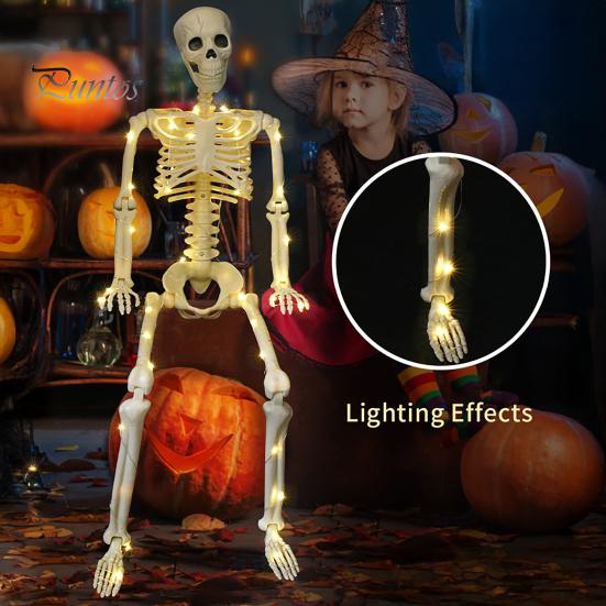 Cemetery Themed Landscaping 36 Inches LED Light Up Halloween Skeleton, 3FT Life Size Full Body Posable Skeleton Plastic Human Bones with Movable