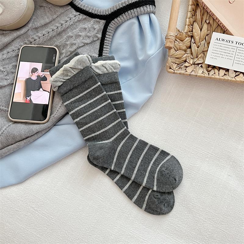 Female Summer Thin Style Trend Stripe Bubble Mouth Lace Breathable in The Tube Pile Socks