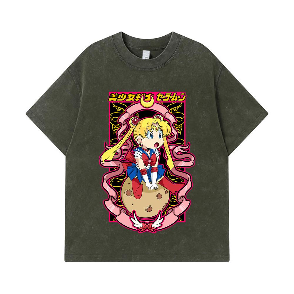275 GSM Washed T-shirts 100% Cotton Sailor Moon V10 Usagi Print Unisex Heavy Cotton T Shirt S