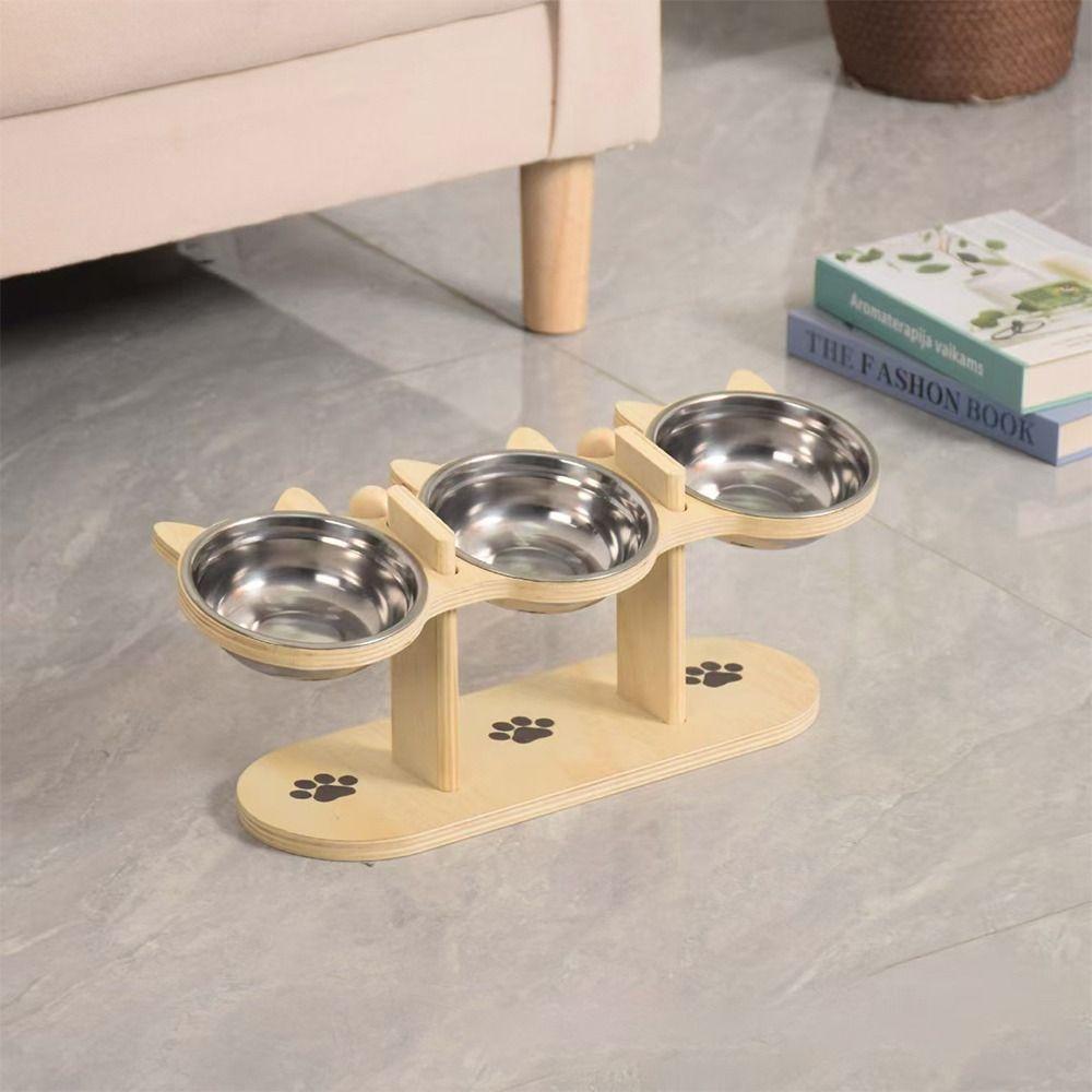 Three Bowl Design High Cat Bowl Lifting Height Stainless Steel Pet Feeding Bowl Protects Neck Spine Food And Water Plate