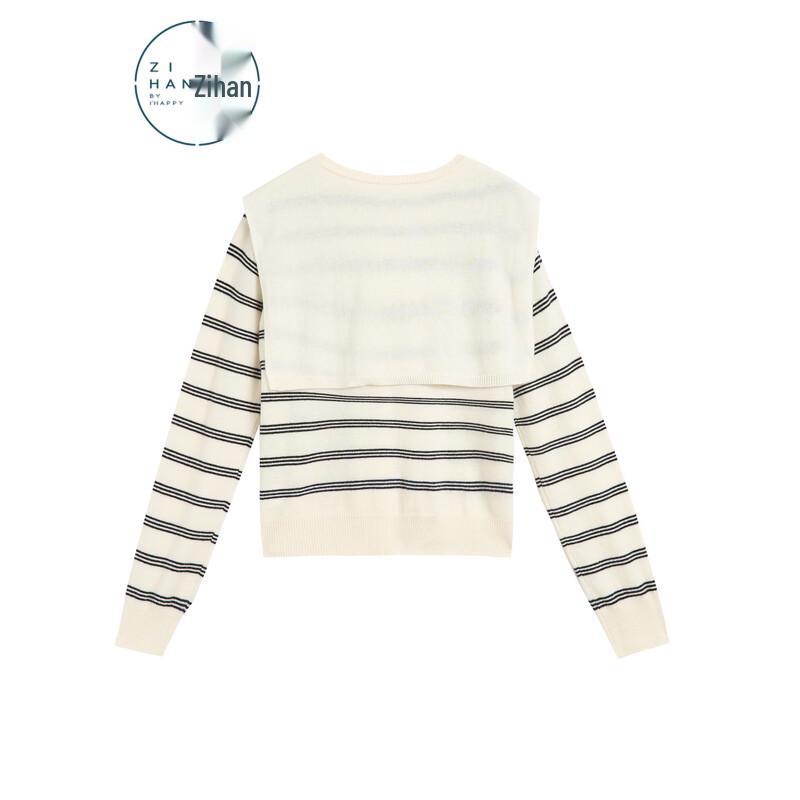 ZIHAN Women's 100% Lamb Wool Color-block Striped Crew Neck Sweater