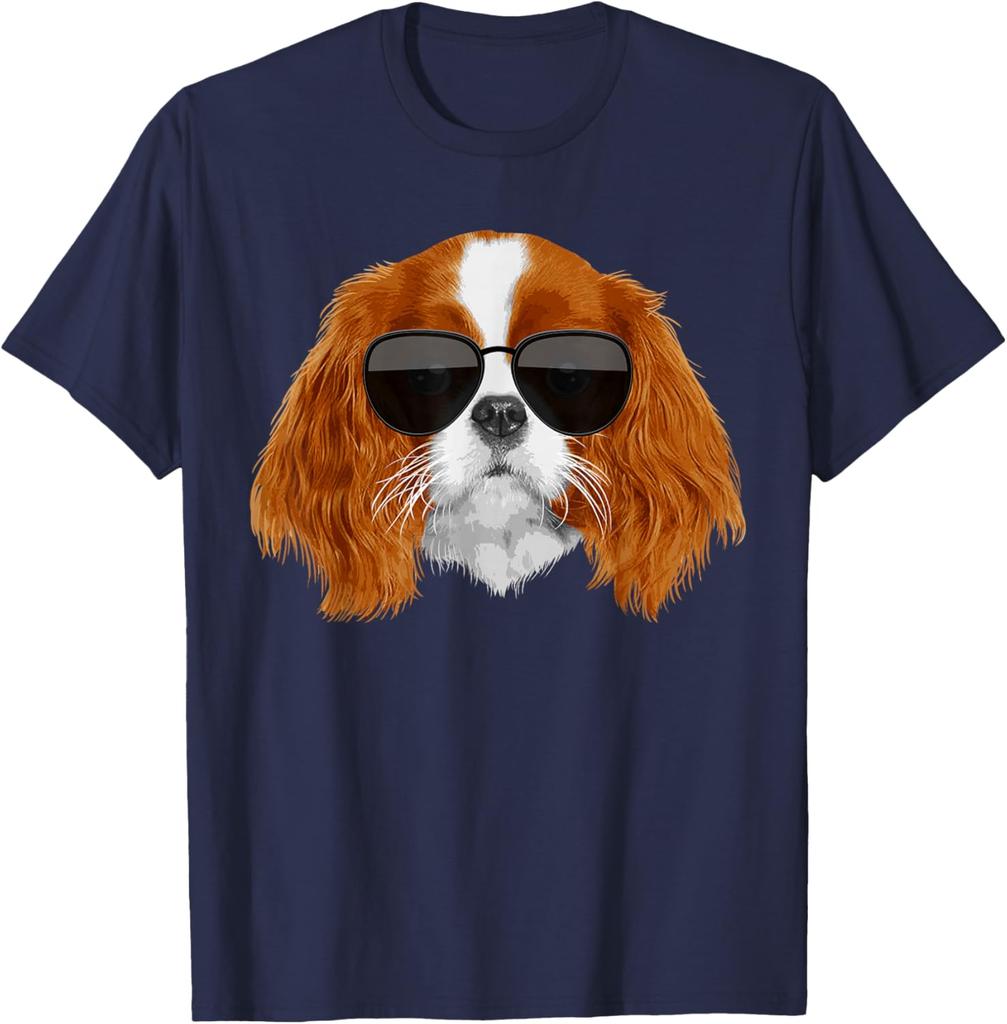Cool Cavalier King Charles Sunglasses Dog Lover Graphic T-Shirt Soft Cotton Round Neck Tee