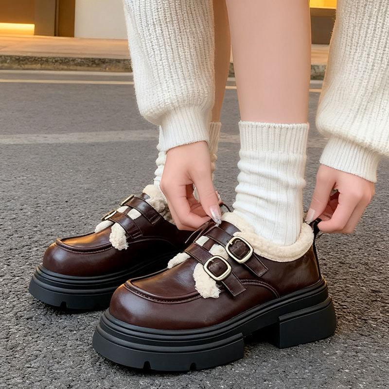 British Style Women's Large Size Soft Sole Winter Warm Fur One Snow Boots Padded Lined Ankle Boots Non-slip Hiking Sports Cotton Boots Leather Shoes