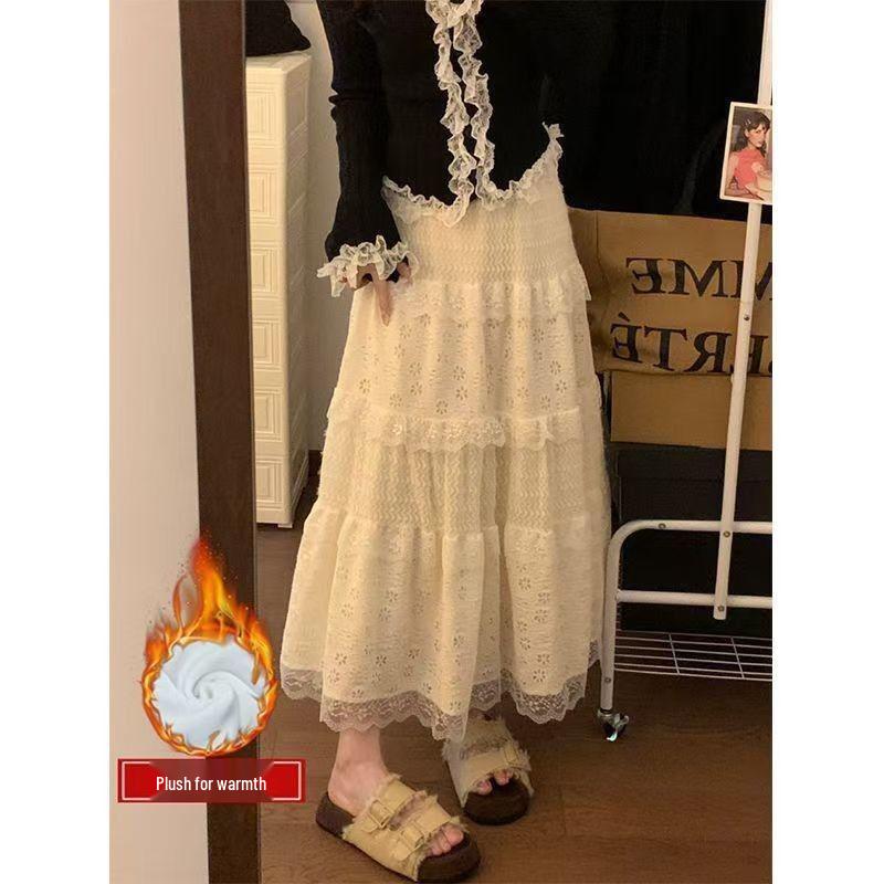 High-Waisted Fleece-Lined Lace Layered Slimming Midi Skirt