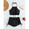 Women's Solid Color Ribbed Knit 2-Piece Swimsuit Halter Neck Cutout Tie Crop Top Ruched Side Tie Shorts Stylish Casual Swimwear