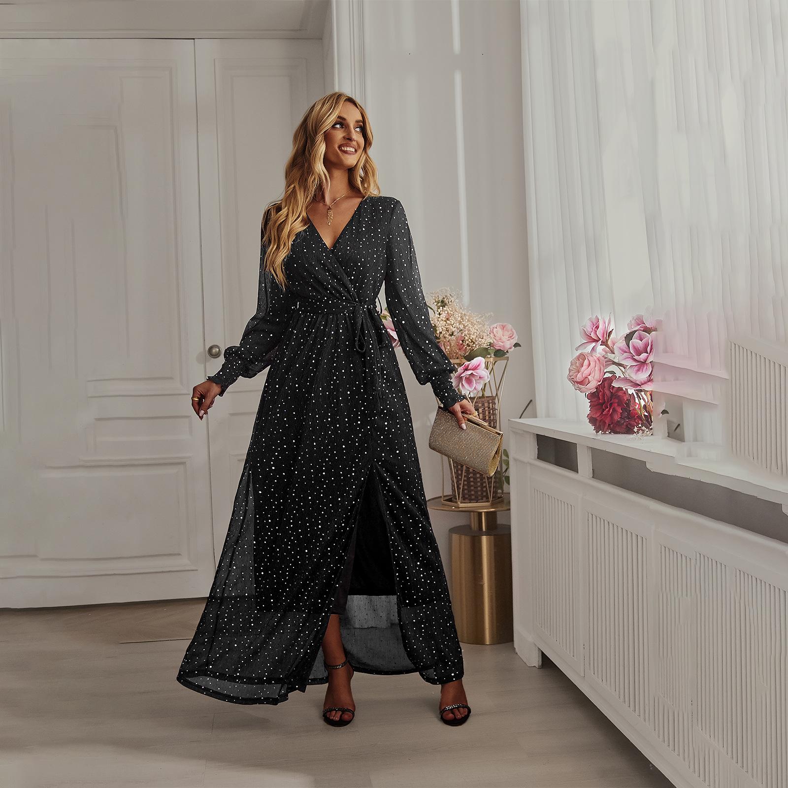 Kaikuo 2026 Spring/Summer European & American Slit Sequin Mesh Dress S чёрный