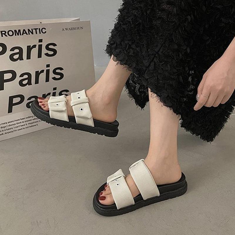 Fashion Beach Shoes Glitter Slides Slippers Women Summer Low Platform Pantofle Fashion Soft Rome Belt Buckle Slingback Sandals Slipper