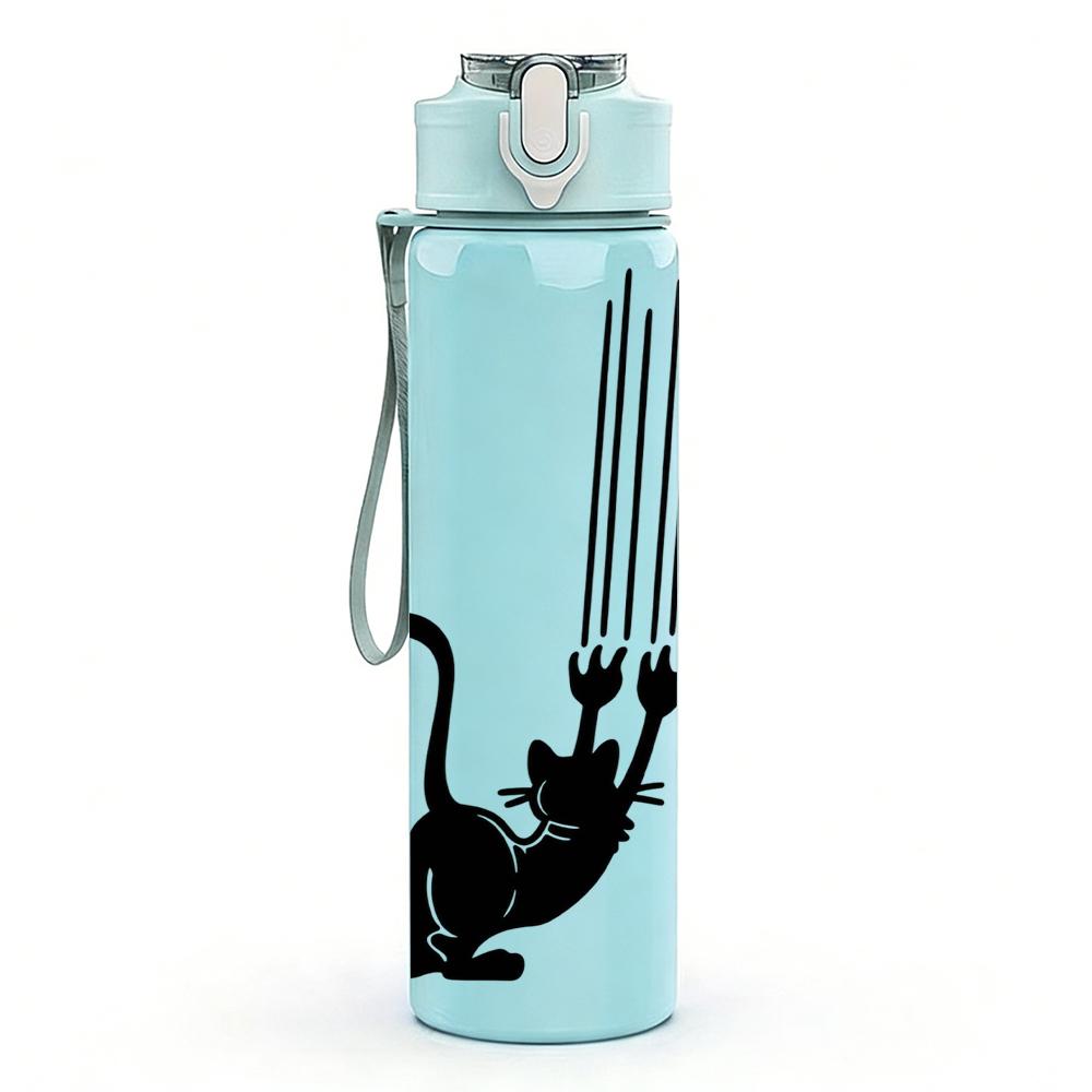 1PC Black Cat Curved Tail Silhouette 750ml Color Plastic Sports Water Bottle Leakproof Flip Straw Lid Suitable for Sports Office Home Use