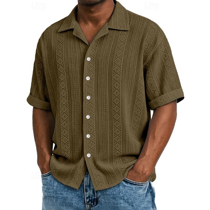 Men's Shirt Texture Button Down Shirt Jacquard Shirt Black White Light Green Navy Blue Purple Short Sleeve