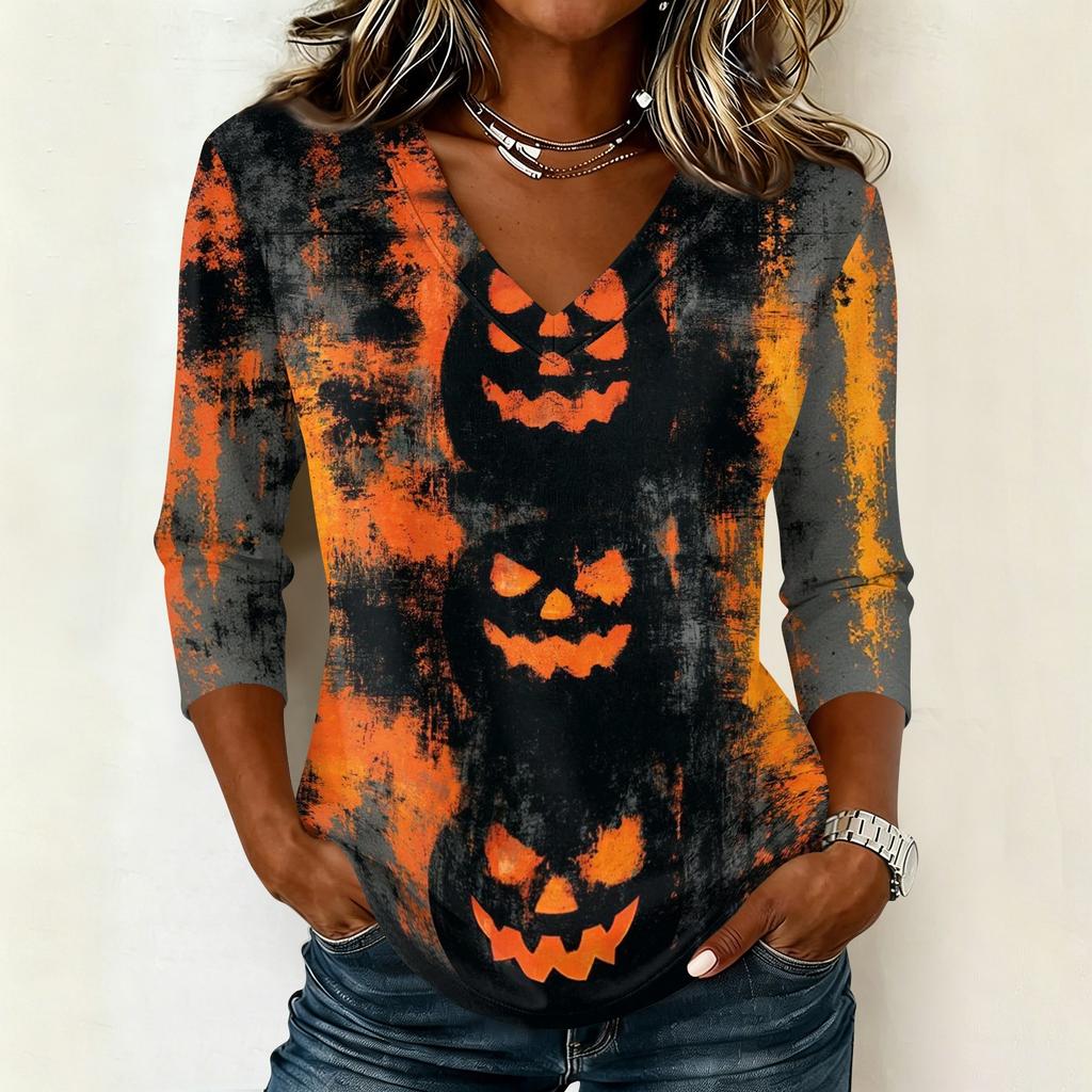 Womens Halloween Graphic V Neck T Shirt Casual 3/4 Sleeve Top Autumn Seasonal Print Loose Fit Pullover