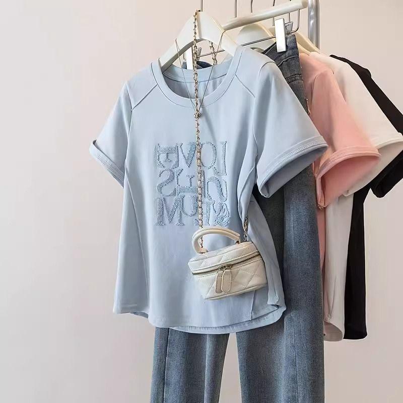 2025 Summer Plus Size Women's Letter Embroidery Patchwork Short Sleeve T-shirt: New Loose, Slimming, and Versatile Casual Top