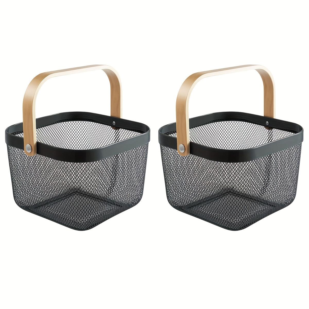 

2 Pack Square Metal Mesh Fruit Basket, Portable Metal Picnic Baskets with Wood Handle, Mesh Storage Organizer Basket чёрный