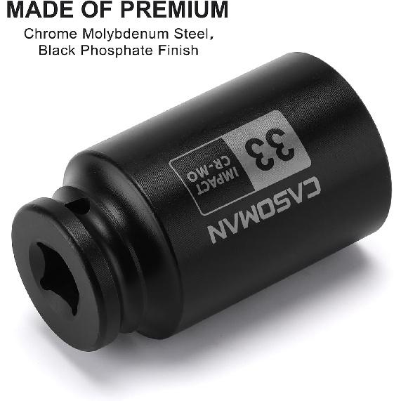 CASOMAN 1/2-Inch Drive X 33 Mm Deep 6-Point Impact Socket, CR-MO, 1/2" Dr. Axle Nut Socket For Easy Removal Of Axle Shaft Nuts (33MM)