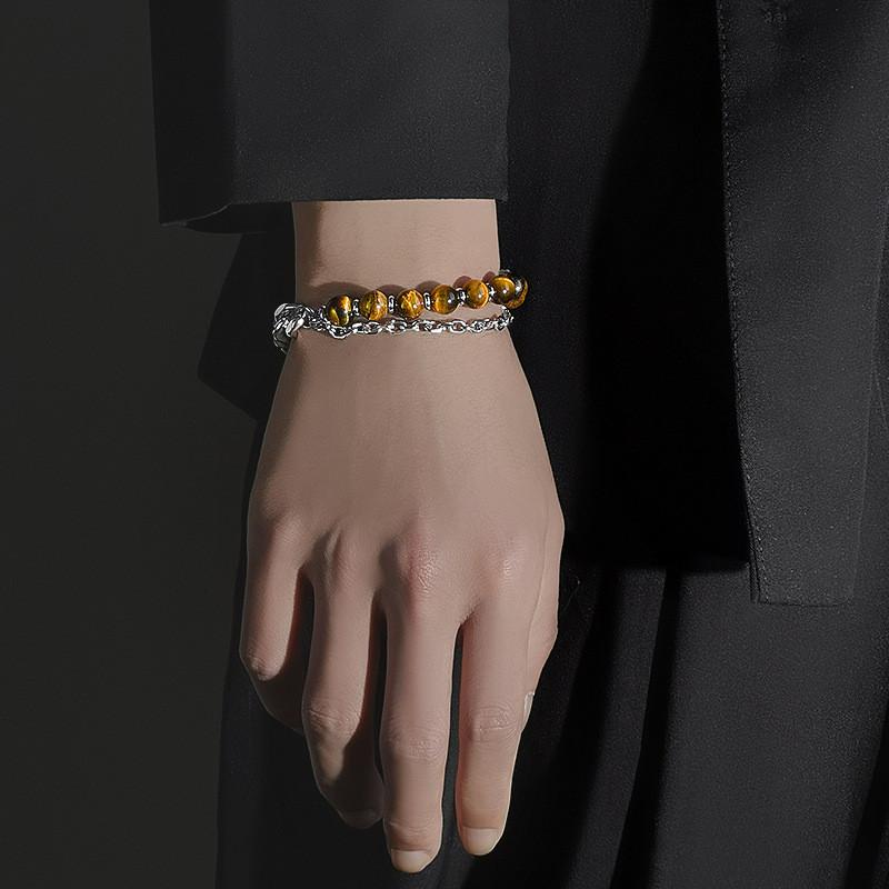 Bracciale a Catena Bicolore in Acciaio Inossidabile con Pietra Occhio di Tigre per Uomo e Donna Gioielli di Moda