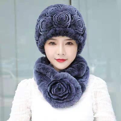 Winter Women Rabbit Fur Winter Warm Hat Scarf Set