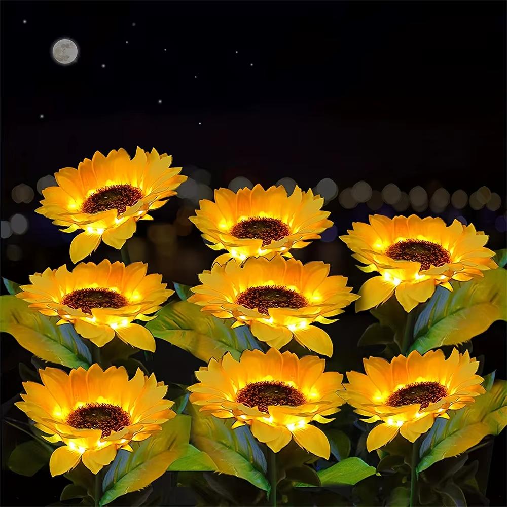 Solar Sunflower Garden Lights 1/3 Heads Waterproof Outdoor Decorative Lawn Lamp for Yard Pathway Wedding Christmas