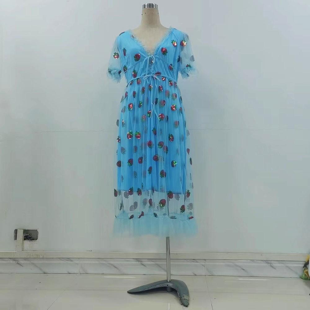 French Strawberry Sequin Pleated Dress with Mesh Straps - Summer Long Skirt, Two-Tone Design, 25 Options (LS8265)