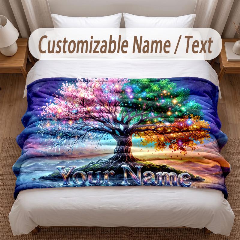 Tree of Life Theme Soft Blanket Personalized Custom Name Text Print Warm Blanket Home Sofa Bedroom Decor