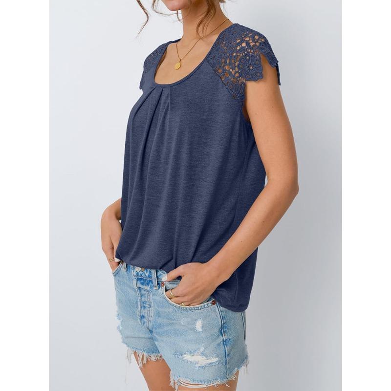 JKASHDK Women's Fashion Casual Summer Spring Solid Color Print Short Sleeve U-Neck Blouses & Shirts