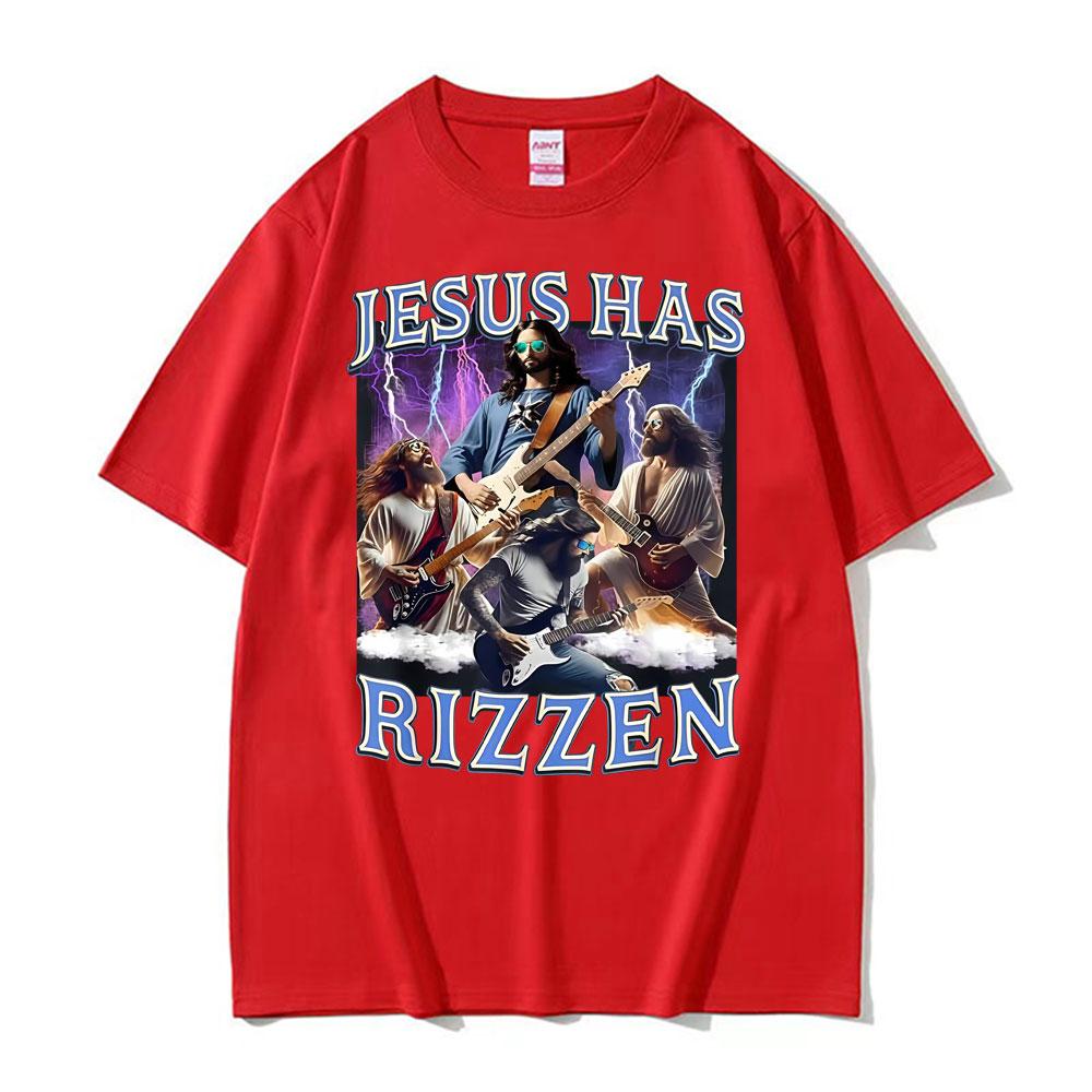 Funny Jesus Has Rizzen Rock Star Tee Shirt Mens Clothing Fashion Gothic Cool T Shirt Unisex High Quality Cotton Summer Tshirts