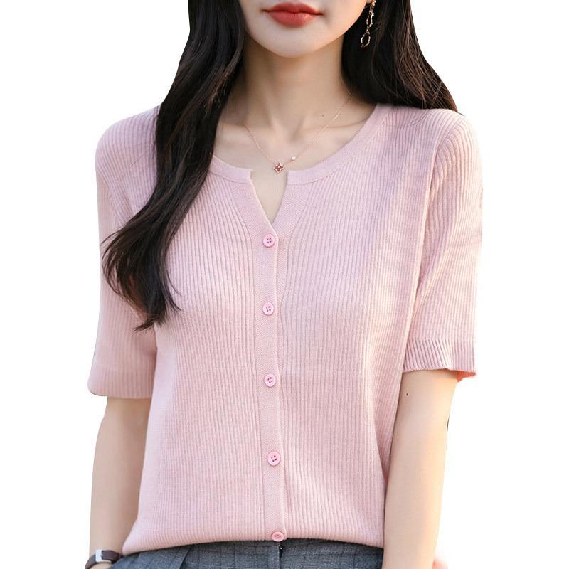 Damen Frühling und Sommer Neu Dünn Kurzarm Kammgarn Weich Strick Cardigan T-Shirt Offener Kragen Kleine Bluse