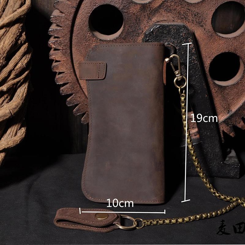 Men's Long Wallet Genuine Leather Vintage Bronze Chain Waist Chain Multi-Card Slots Billfold Wallet With Shoulder Strap For Men