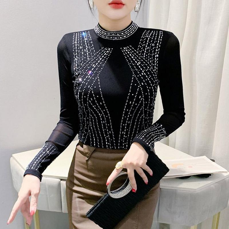 Spring Autumn European Leopard Clothes T-Shirt Elegant Women Stand Neck Shiny Hot Diamonds Tops Fashion Long Sleeve Slim Mesh Tees