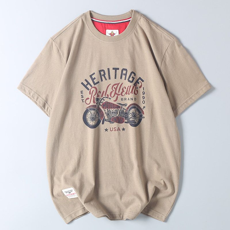 American Retro Motorcycle Print Short-Sleeve T-Shirt for Men, Export Surplus, Pure Cotton, Brushed Fabric, Round Neck, Half-Sleeve