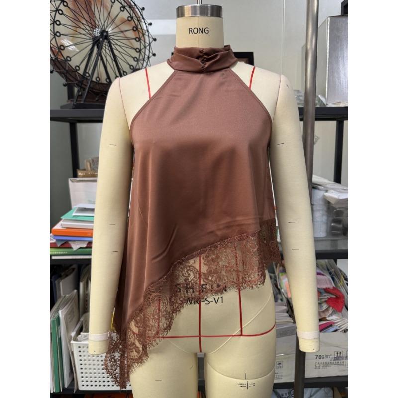 Summer New Women's Fashionable Sleeveless Satin Halter Neck Top with Lace Trim