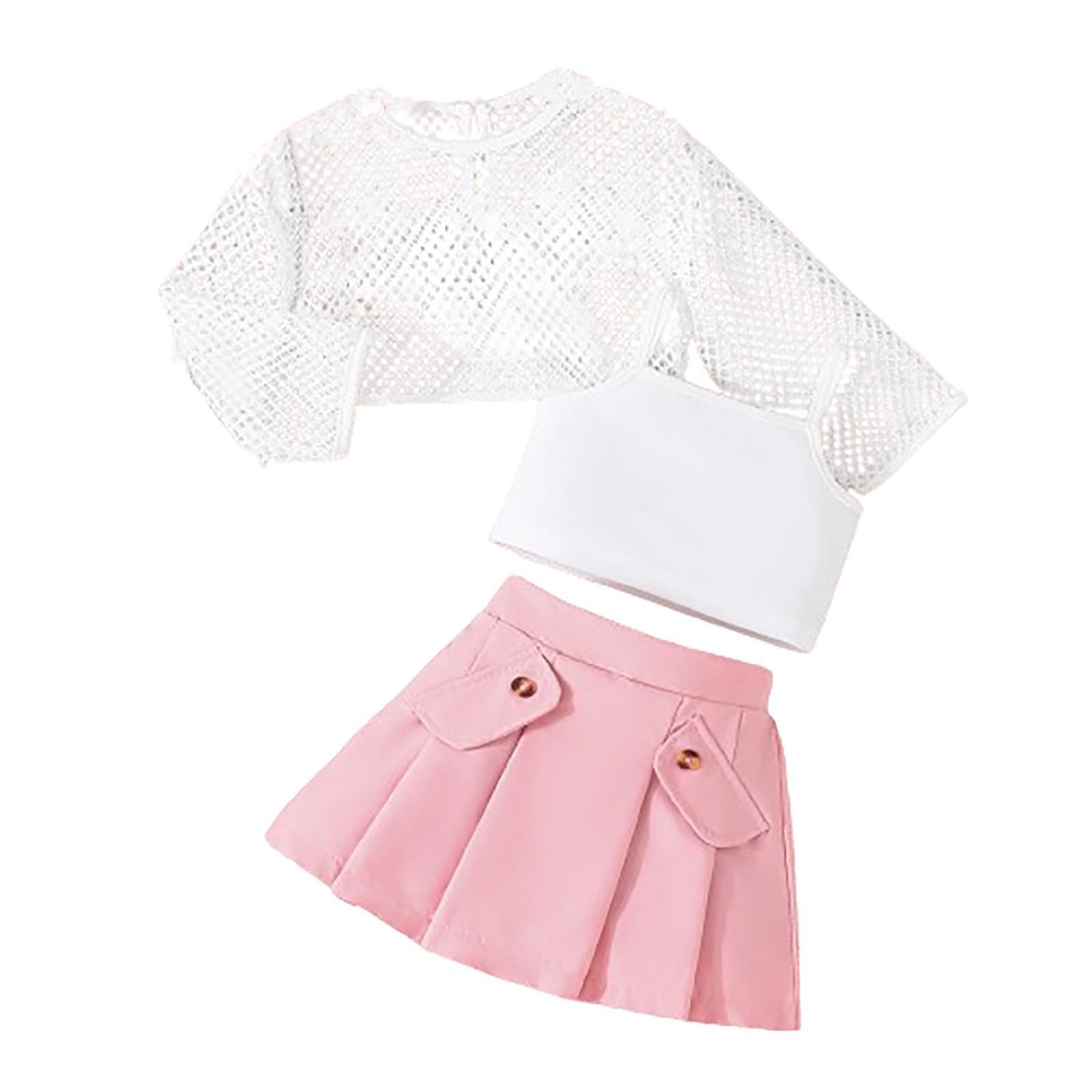 

Летний комплект из трех предметов для девочек: сетчатый топ с длинными рукавами, короткая жилетка, плиссированная юбка на бретелях 5Y розовый