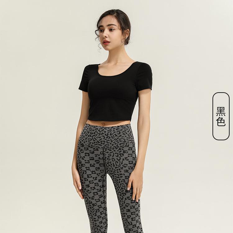 Temperament Naked with chest pad, beautiful back, short-sleeved T-shirt, women's sports running, yoga, dance, fitness tights