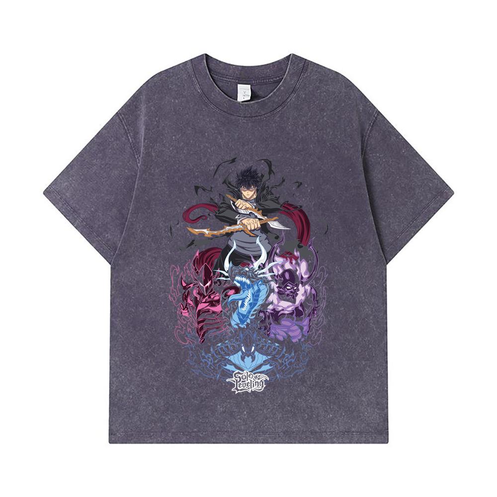 275 GSM Washed T-shirts 100% Cotton Solo Leveling V15 Print Unisex Heavy Cotton T Shirt