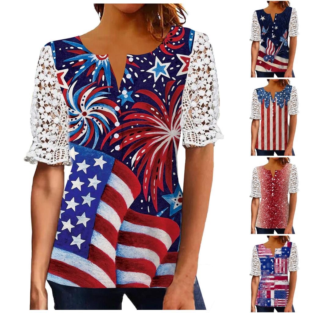 Women Outfits Summer Casual Beach Cover Up Loose Vintage Independence Day Print Chiffon Short Shirt Hide Belly Tunic Tops