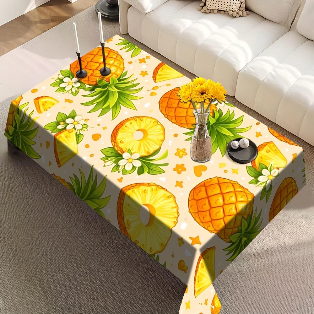 Round Polyester Tablecloth, printed with bright green pineapple & tropical leaves. Durable, reusable and easy to clean. Great decor for kitchen, dinin
