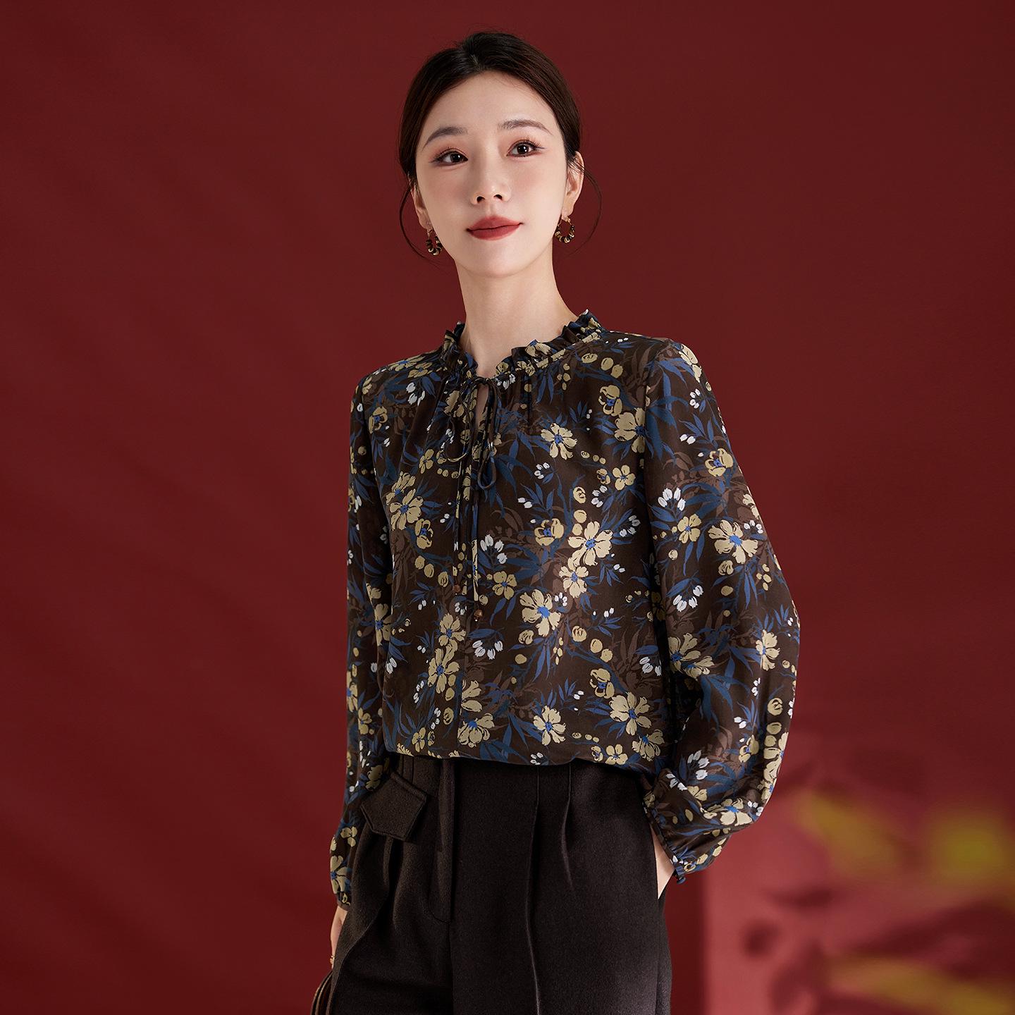 

Роскошный женский топ: 100% шелк, круглый вырез, свободный крой, осенний стиль Large