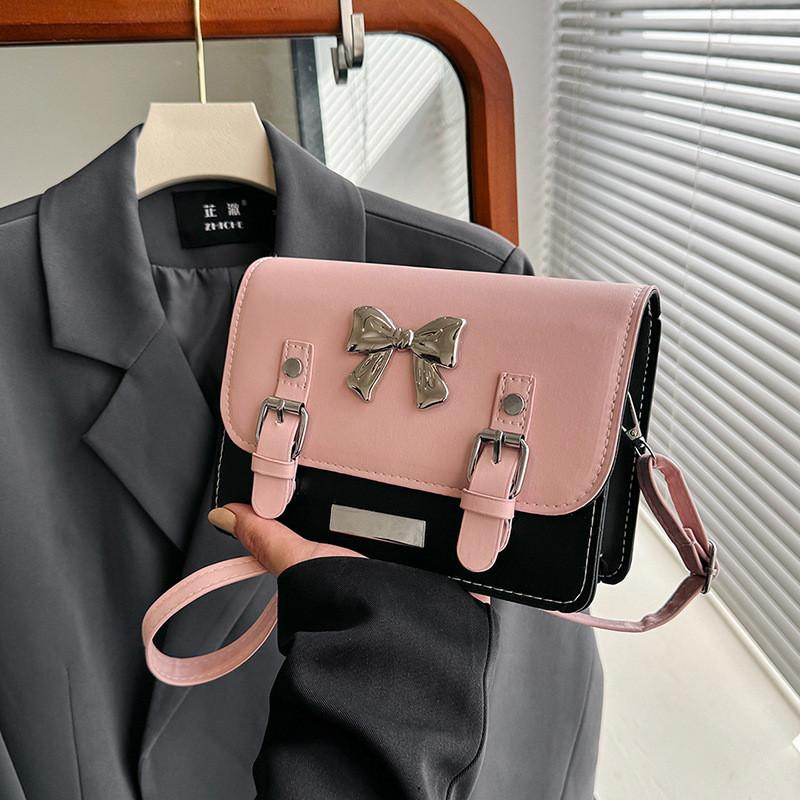 

Stylish Minimalist Bow Accent Color Block Small Square Shoulder Bag For Women PinkBlack