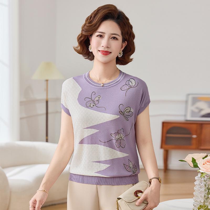 Women's Summer Ice Silk Short-Sleeve Knit Top - Loose Fit, Round Neck for Middle-Aged and Older