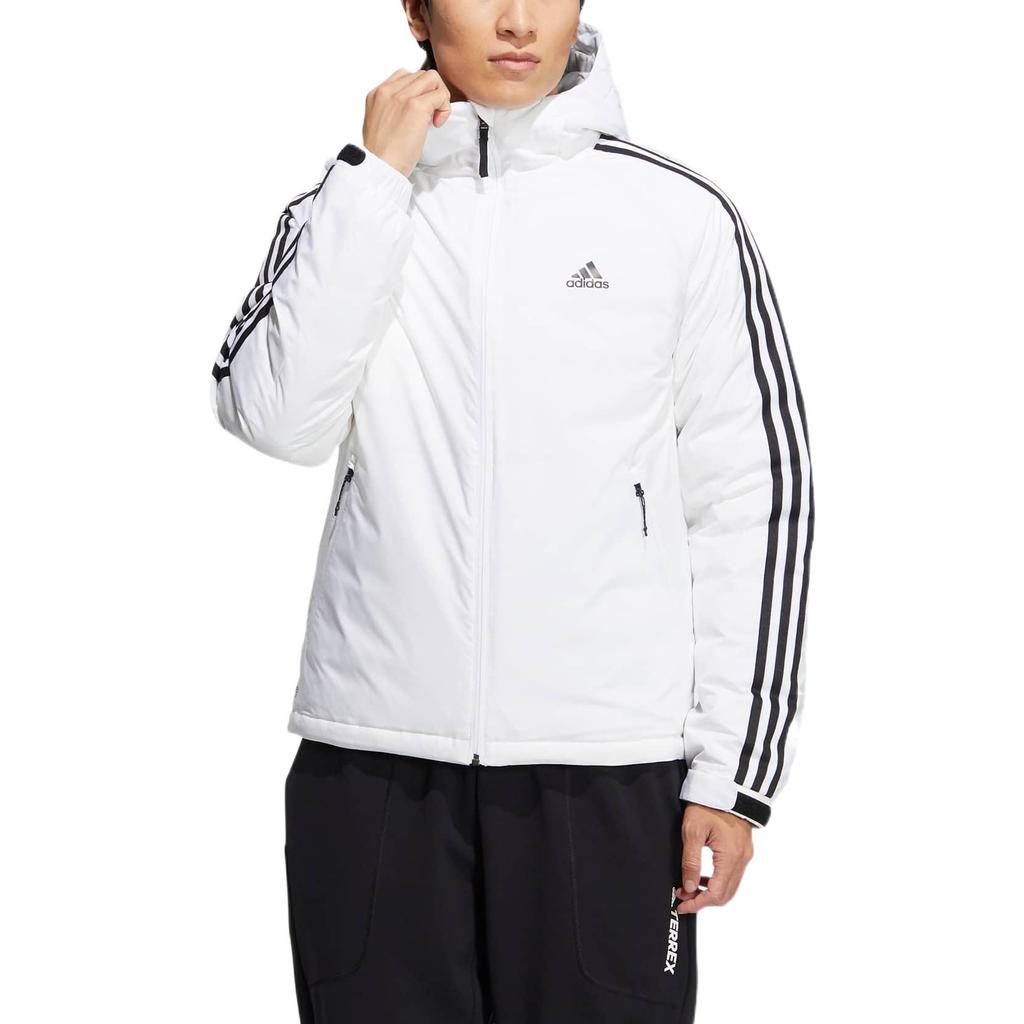 adidas Solid Color Logo Stripe Print Hooded Zip Down Jacket Men Outerwear White HN2122