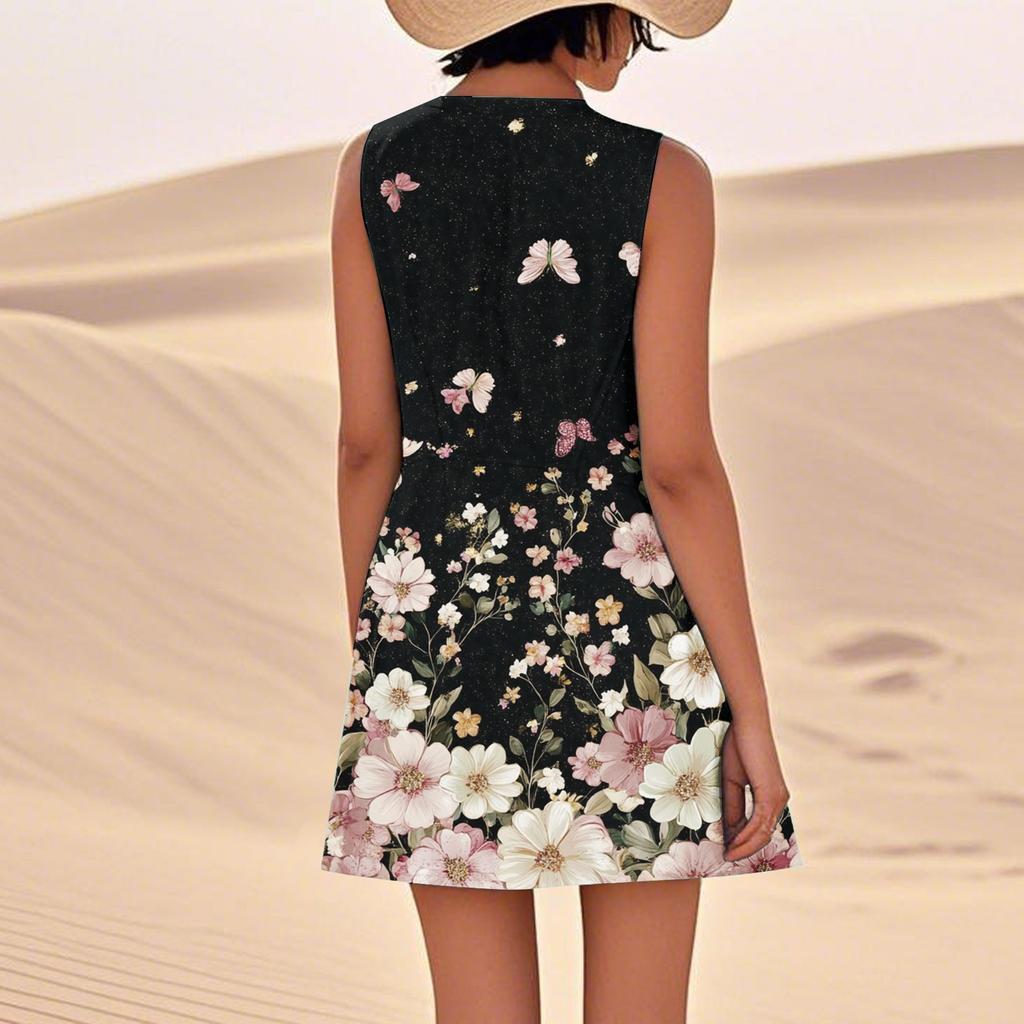 Women's Casual Summer Floral Print Sleeveless Pocket Dress