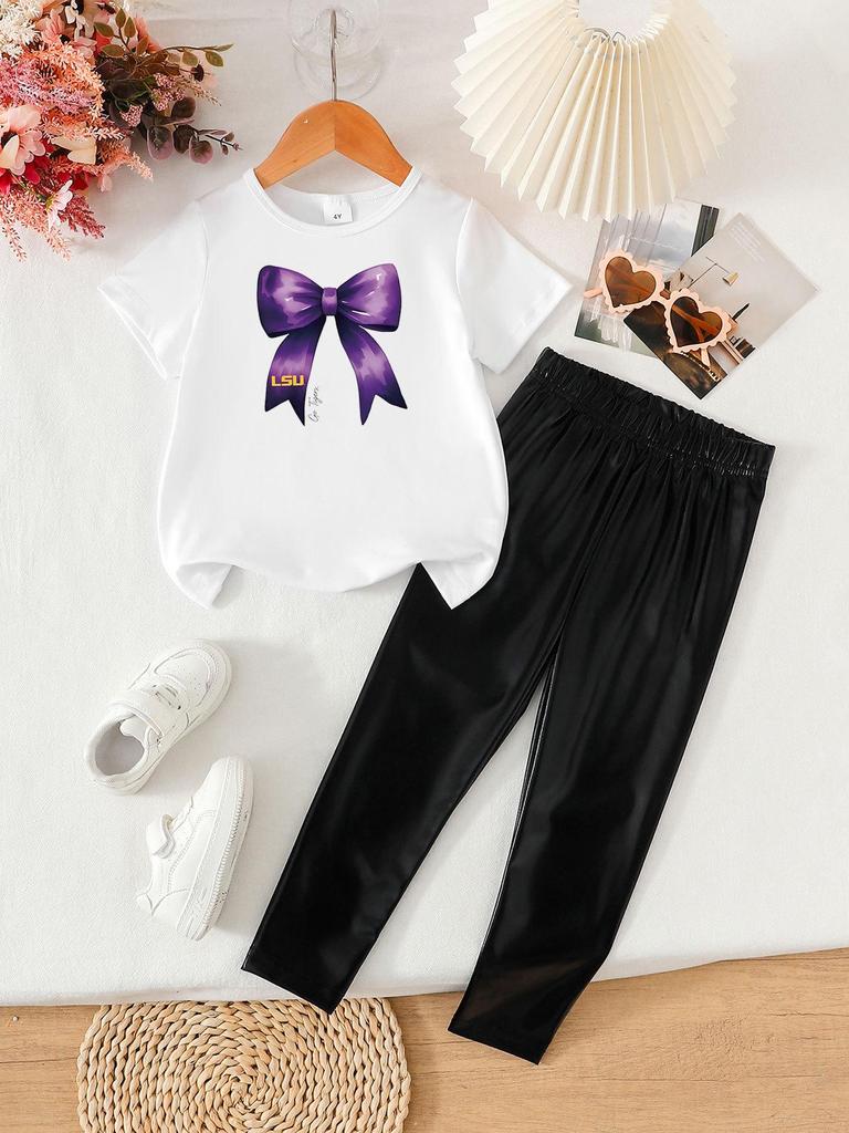 Summer Girls' Two-Piece Set: Fashionable Printed Short Sleeve Top & Long Pants