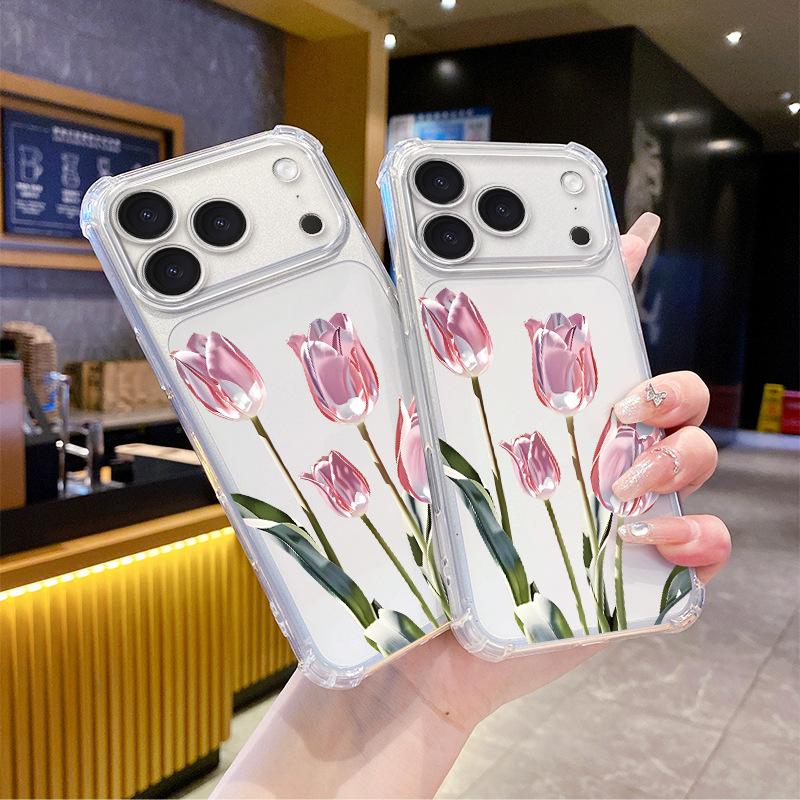Foreign Trade Explosion Three-dimensional Pink Tulip Transparent Four Corners Anti-drop iPhone17promax Summer Mobile Phone Case