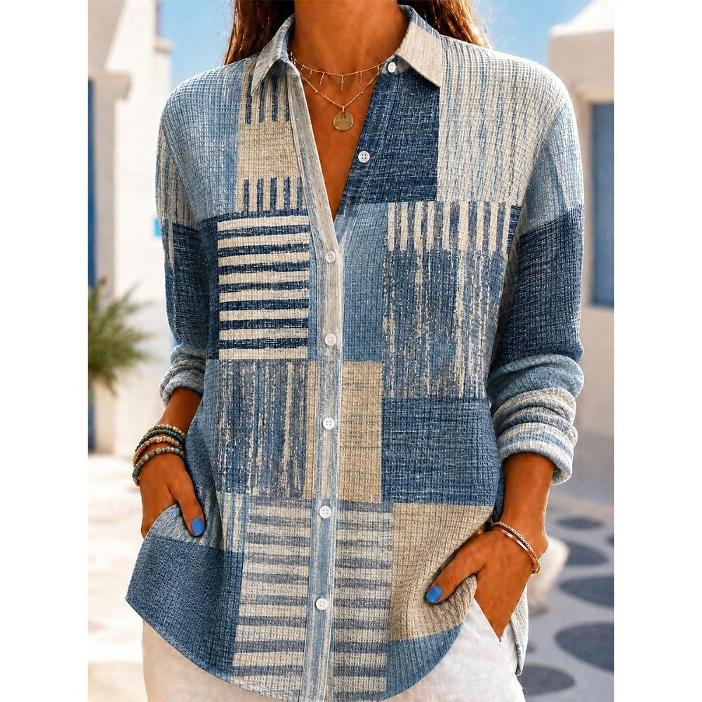 Women s Waffle Shirt Casual Shirt Summer Tops Ombre Floral Graphic Elegant Vintage Stylish Long Sleeve S