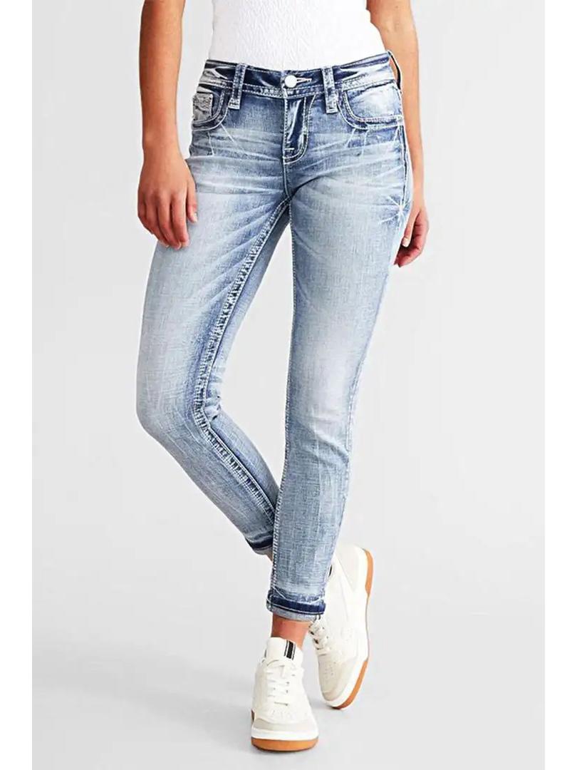 

Европейская и американская мода, облегающие стрейчевые джинсы с вышивкой Medium светло-синий