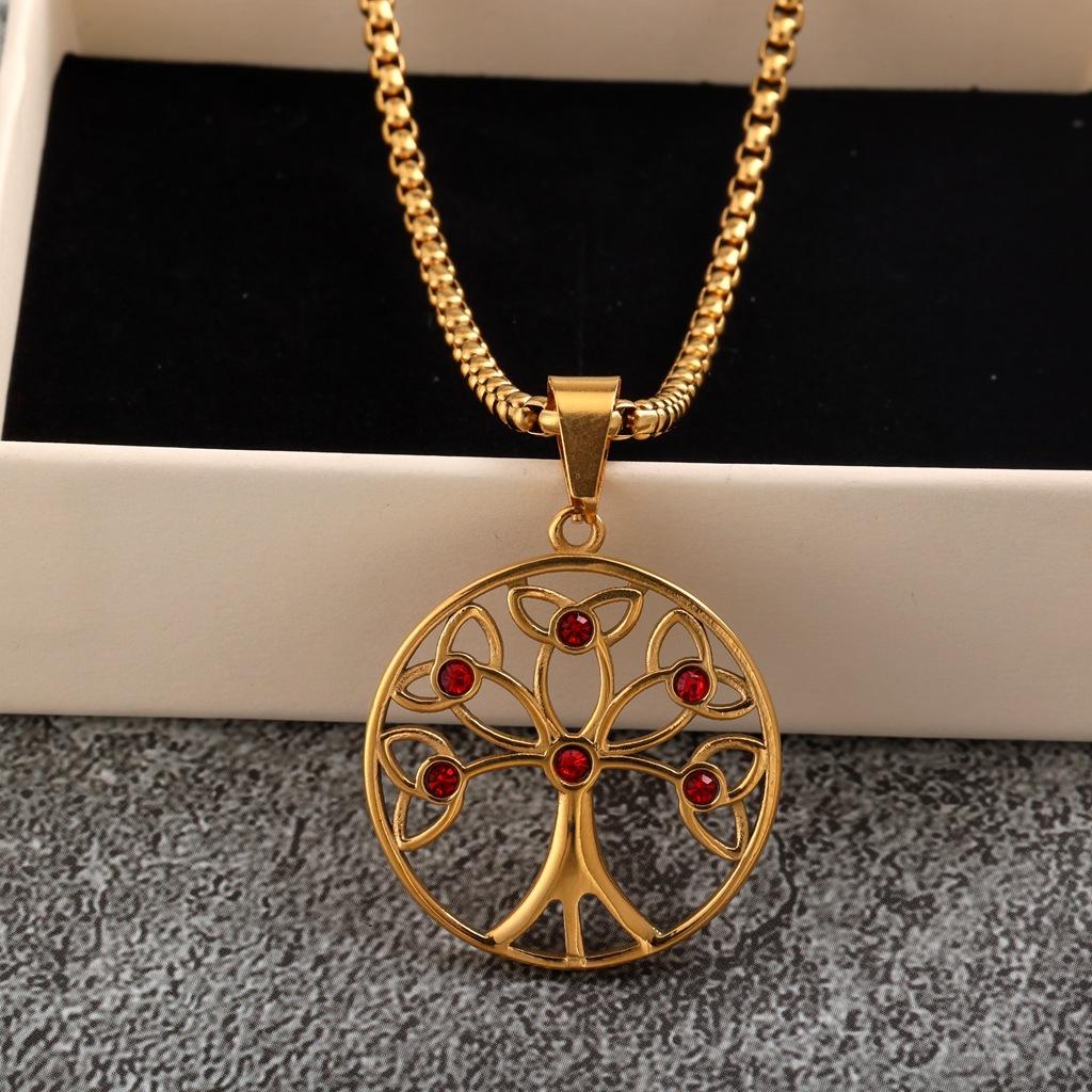 Fashion Stainless Steel Ruby Tree of Life Pendant Necklace Unisex