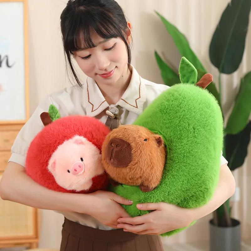 Soft Stuffed Capybara in Avocado Ferry Plush Pig Hide In Apple Plush Capibara Toy Throw Pillow Cushion Birthday Gift