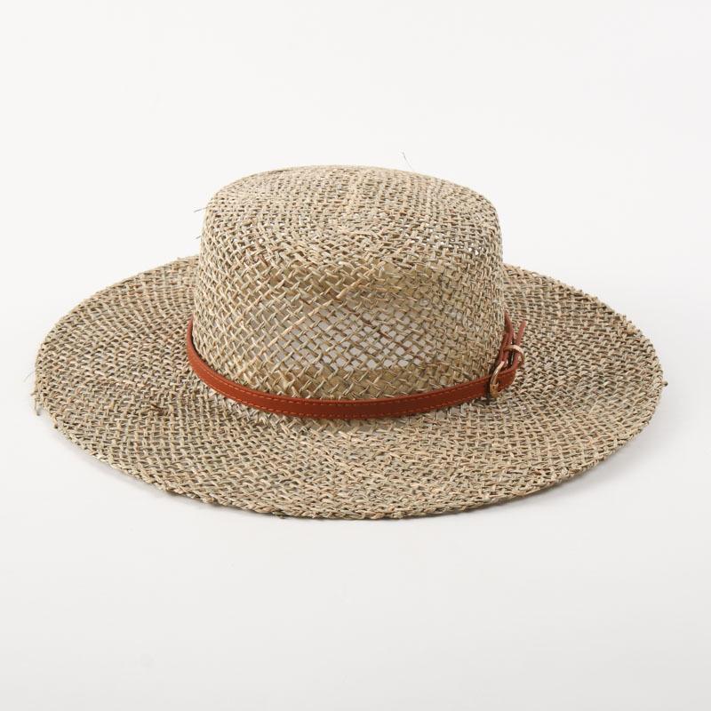 Cappello da Sole Estivo in Erba Marina Intrecciata, Punta con Cinturino in Pelle, Moda Europea Americana Nuova Esportazione