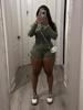 Women Solid Ribbed Two Piece Set Long Sleeve Hooded Cape + Pockets Spaghetti Straps Playsuits Fashion Stretch Streetwear Suits
